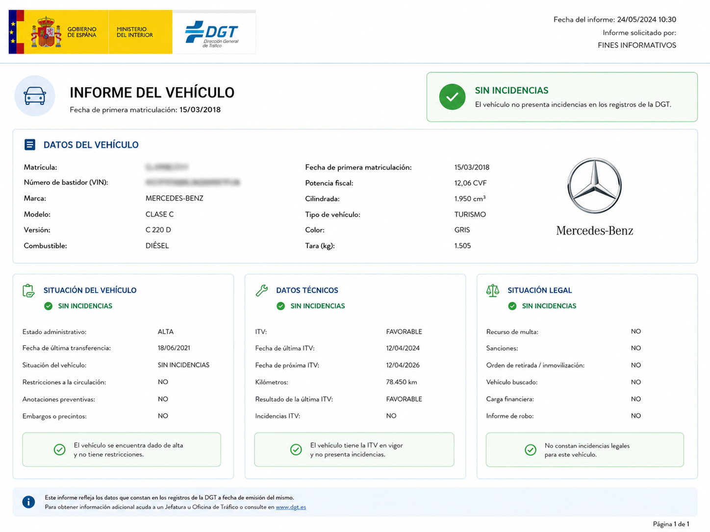 Informe DGT sin incidencias de un Mercedes-Benz